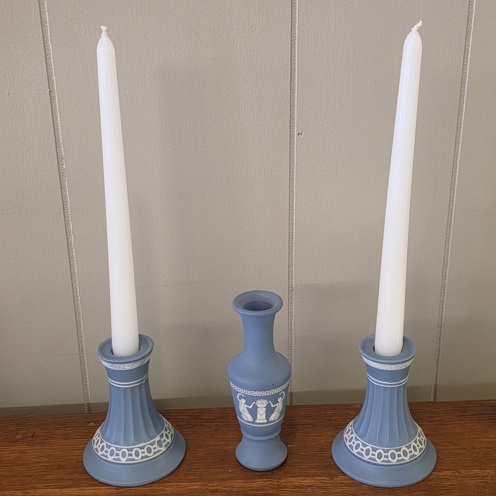 Enterprise Exclusive Blue Jasperware Style‎ Candle Holders & Avon Vase Set 3pc